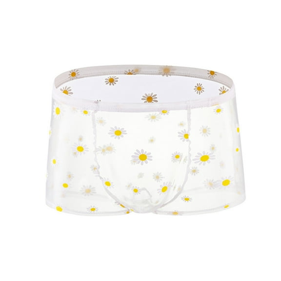 USNSM Mens See-through Daisy Boxer Briefs Underwear Ice Silk Printed Breathable Low Waist Lingerie White XL