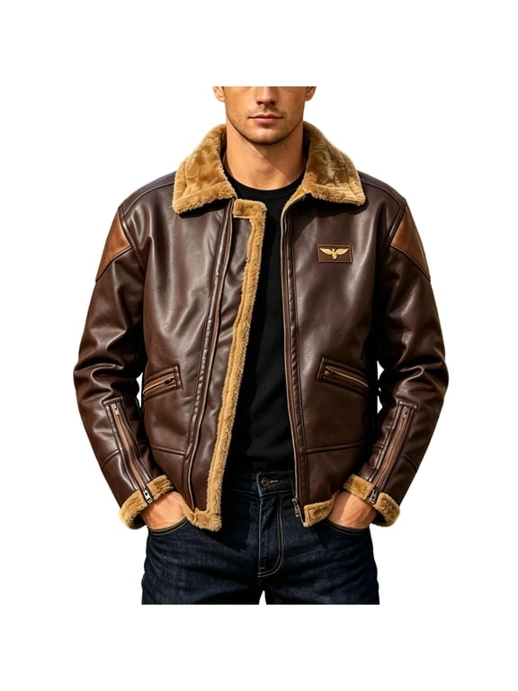 Mens Shearling Sheepskin Leather Bomber Jacket Faux Suede Fluffy Jackets Winter Outdoor Thicken Warm Jackets Coat Brown XXXL