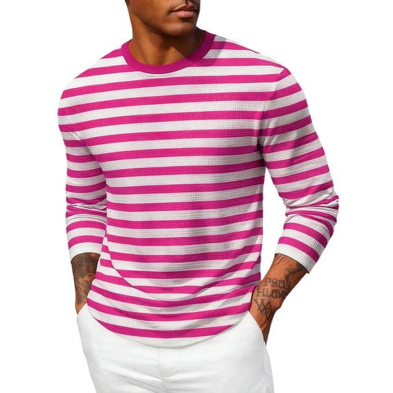 USNSM Mens Shirts Fashion Striped Print Crewneck Long Sleeve Basic Pullover Soft Elastic Lightweight Casual Tee Shirt Pink S