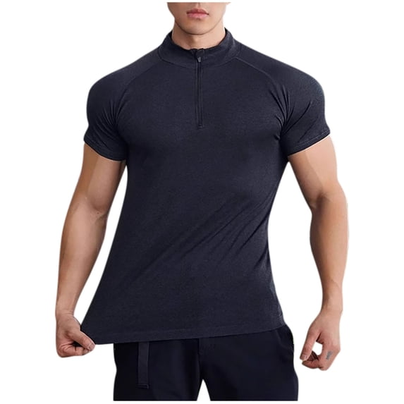 USNSM Mens Shirts Quarter Zip Short Sleeve Gym Workout Performance Moisture Wicking Athletic Quick Dry Compression Shirt for Men Black XXL