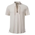 thumbnail image 1 of USNSM Mens Short Sleeve Henley Shirts Cotton Linen Lace Up Drawstring Tie V Neck Shirts Hippie Beach Spring Summer Tops White M, 1 of 6
