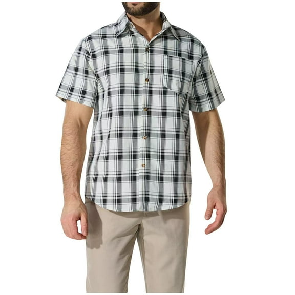 USNSM Mens Short Sleeve Lapel Button Down Shirt Classic Plaid Shirts Loose Fit Cotton Comfortable Breathable Casual Shirts White S