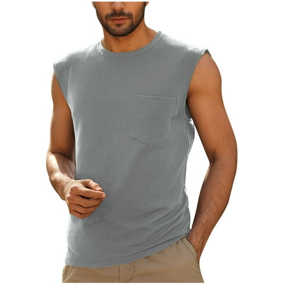 USNSM Mens Sleeveless Tank Tops Workout Cut Off Shirts Soft Breathable Comfortable Muscle Gym T Shirts with Pocket Gray L