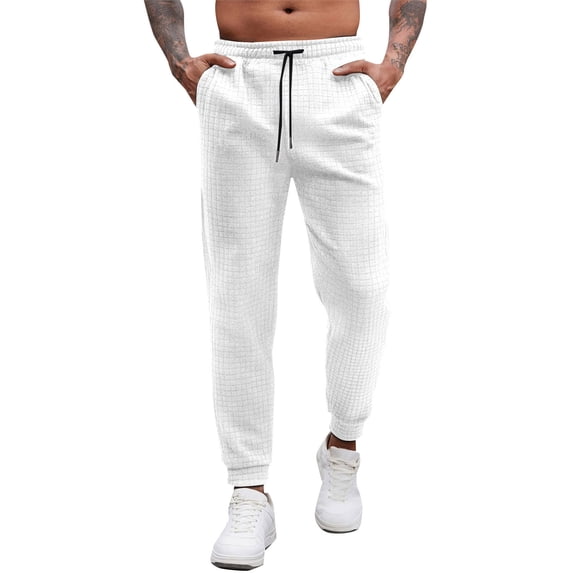 USNSM Mens Solid Color Casual Pants Waffle Textured Drawstring Stretch Elastic Waist Tapered Joggers with Pockets White XXXL