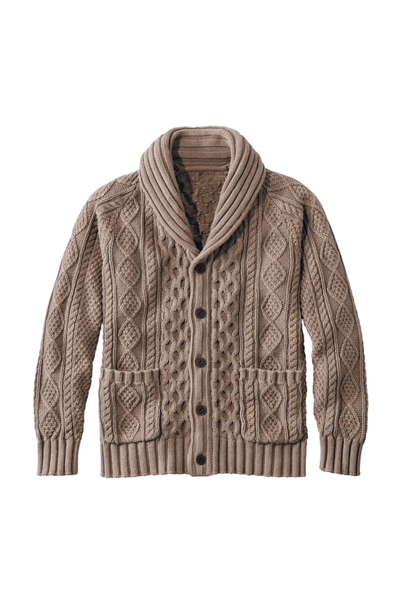 Mens Solid Color Shawl Collar Cardigan Sweater Cable Knit Button Down Long Sleeve Casual Knitwear with Pockets Brown M
