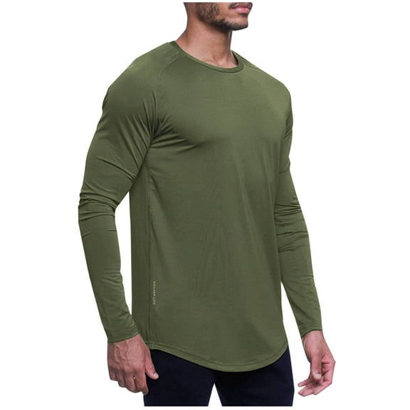 USNSM Mens Solid Fitness Training Sunscreen Stretch Quick-Drying Long Sleeve T-Shirt Cotton Performance Athletic Round-Neck Top Shirts Green M