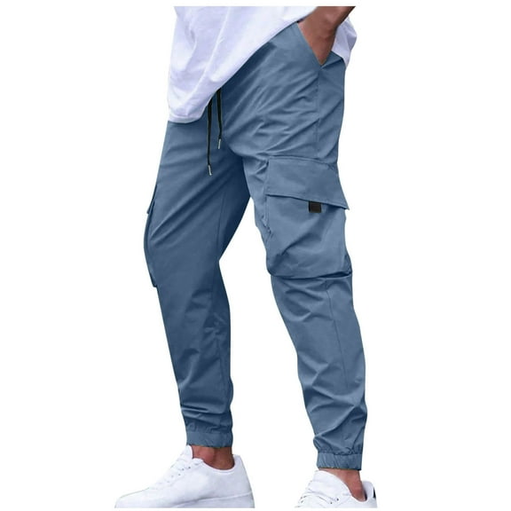 USNSM Mens Sport Pants Outdoor Quick Dry Drawstring Elastic Waist Solid Color Casual Baggy Pant Streetwear Multi Pockets Blue S