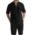 thumbnail image 1 of USNSM Mens Summer Beach Outfits 2 Piece Linen Sets Long Sleeve Button Up Henley Shirts and Knee Length Shorts Beach Set Black XXL, 1 of 7