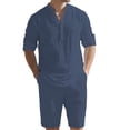 thumbnail image 1 of USNSM Mens Summer Beach Outfits 2 Piece Linen Sets Long Sleeve Button Up Henley Shirts and Knee Length Shorts Beach Set Blue M, 1 of 7