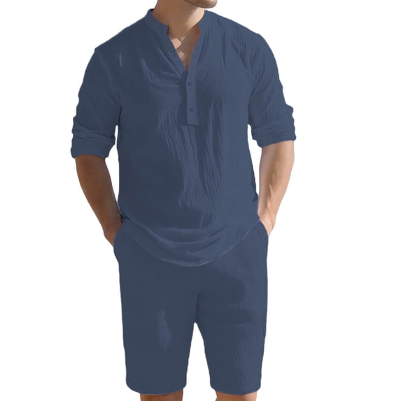 USNSM Mens Summer Beach Outfits 2 Piece Linen Sets Long Sleeve Button Up Henley Shirts and Knee Length Shorts Beach Set Blue M