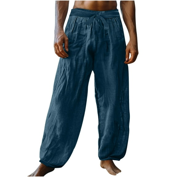 USNSM Mens Summer Cotton Linen Pants Solid Color Pocket Drawstring Wide Leg Pants Elastic Waist Casual Jogger Yoga Pants Blue S