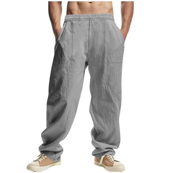 USNSM Mens Summer Cotton Linen Pants Solid Color Pocket Drawstring Wide Leg Pants Elastic Waist Casual Jogger Yoga Pants Gray XXL