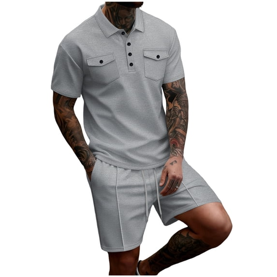 USNSM Mens Summer Outfits 2 Piece Short Set Casual Track Suits Matching Double Pocket Lapel Half-Button Shirt Vacation Shorts Set Gray L