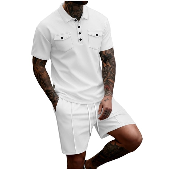 USNSM Mens Summer Outfits 2 Piece Short Set Casual Track Suits Matching Double Pocket Lapel Half-Button Shirt Vacation Shorts Set White L