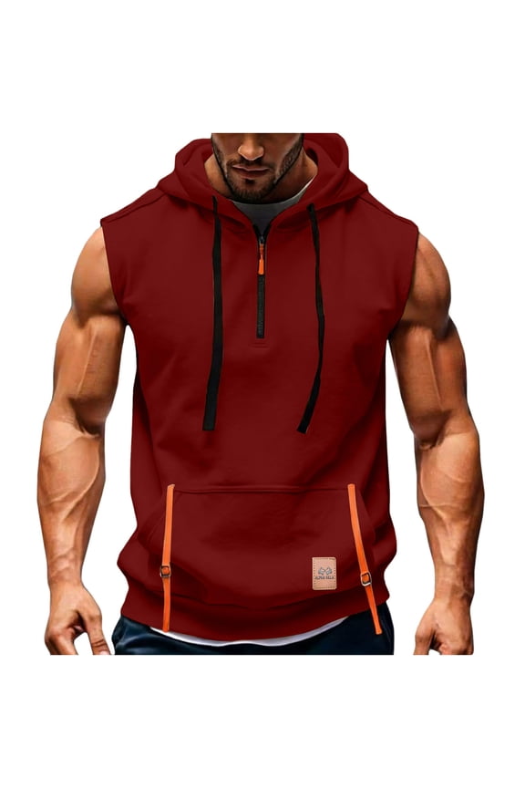 Mens Tank Tops Sleeveless Zip Up Hoodie Workout Gym Athletic Running Muscle Shirts Casual Fashion Lightweight Jacket Red L