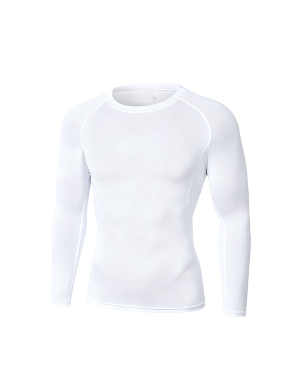 Mens Thermal Compression Shirts, Warm Long Sleeve Fleece Lined Tops Athletic Tight Base Layer for Running Cold Weather White XXXL