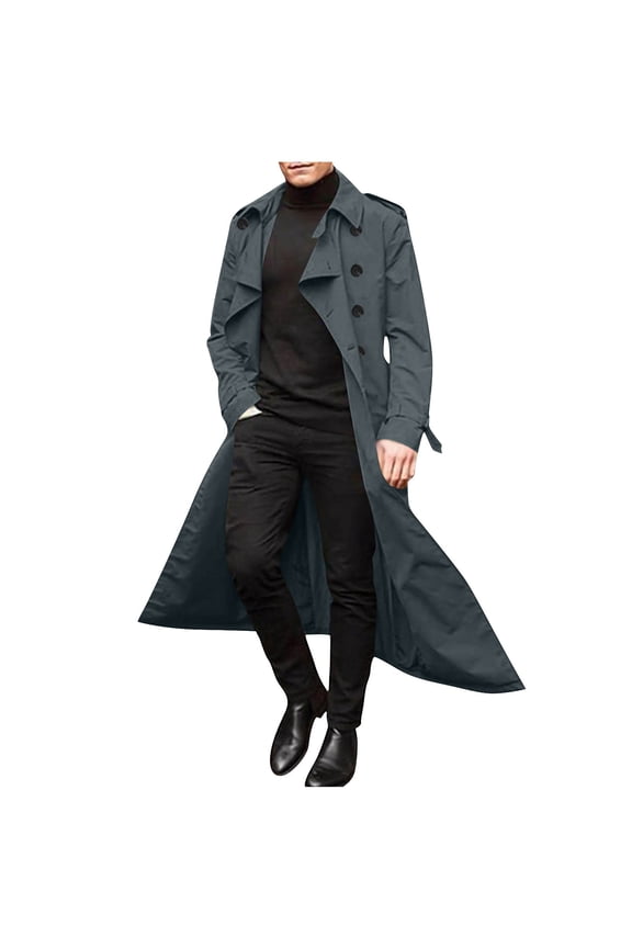Mens Trench Coat Double Breasted Long Jacket Casual Windbreaker Notched Lapel Belted Overcoat Gray M