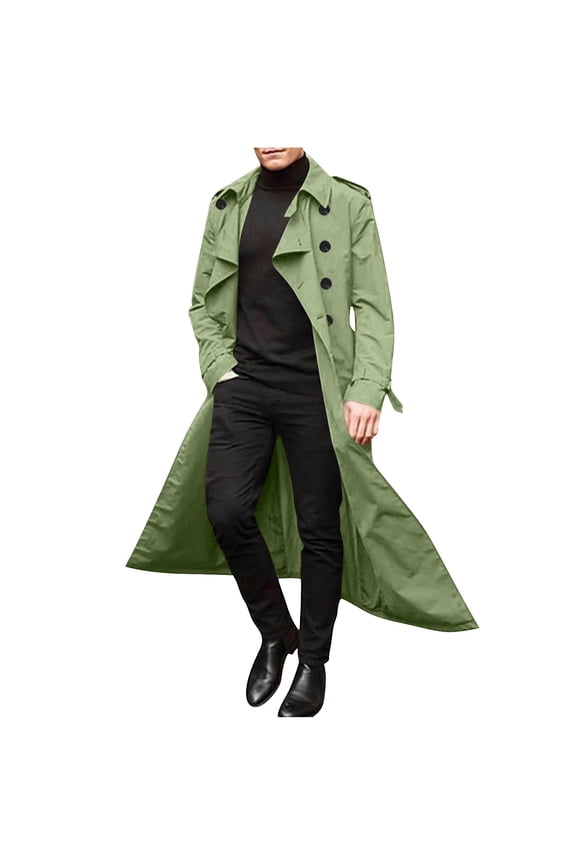 Mens Trench Coat Double Breasted Long Jacket Casual Windbreaker Notched Lapel Belted Overcoat Green S