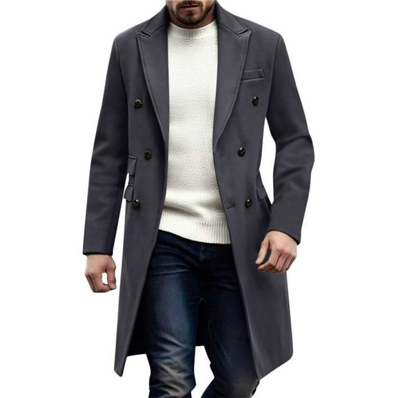 USNSM Mens Trench Coat Notched Lapel Double Breasted Mid Long Pea Coat Casual Solid Color Long Sleeved Classic Overcoat Gray XL