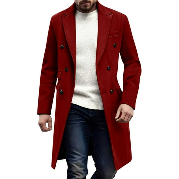 USNSM Mens Trench Coat Notched Lapel Double Breasted Mid Long Pea Coat Casual Solid Color Long Sleeved Classic Overcoat Red XL
