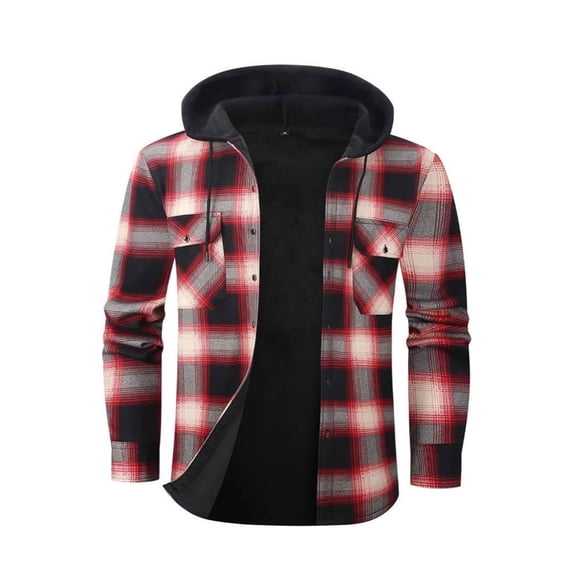 USNSM Mens Winter Flannel Plaid Fleece Lined Hooded Shirt Jacket Casual Long Sleeve Button Down Coat Warm Outwear with Pockets Red XXXL