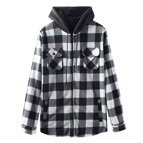 USNSM Mens Winter Jacket Plaid Fleece Lined Zip Up Hoodie Long Sleeve Flannel Jackets Zipper Hooded Thermal Sherpa Coat Black XXL