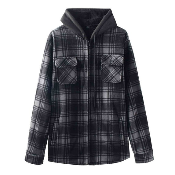 USNSM Mens Winter Jacket Plaid Fleece Lined Zip Up Hoodie Long Sleeve Flannel Jackets Zipper Hooded Thermal Sherpa Coat Gray XL