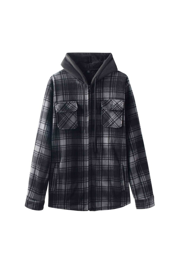 Mens Winter Jacket Plaid Fleece Lined Zip Up Hoodie Long Sleeve Flannel Jackets Zipper Hooded Thermal Sherpa Coat Gray XXL