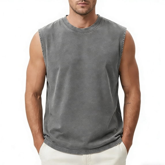 USNSM Mens Workout Tank Tops Sleeveless T Shirts Men Muscle Shirt Gym Solid Color Washed Vintage Cotton Tee Shirts Running Loose Fit Tees Gray L