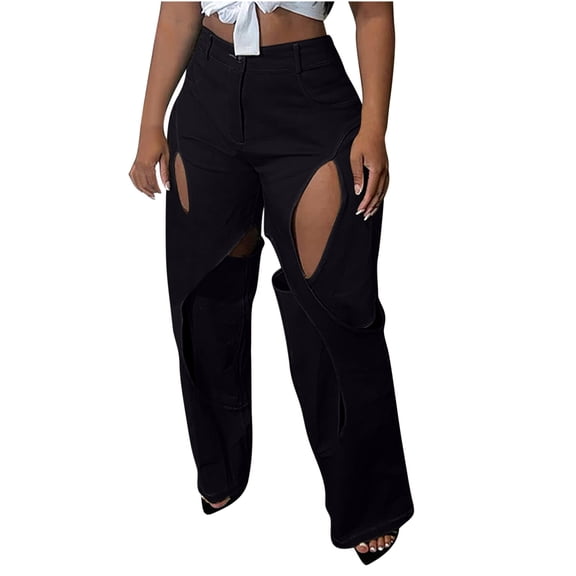 USNSM Night Club Pants for Women Hollow Design Pants Casual Button Down Trousers Plus Size Solid Color Jeans Pants Black XXL
