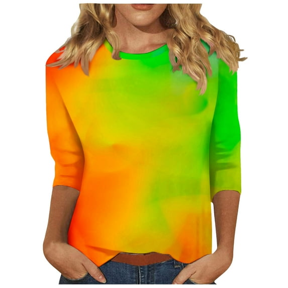 USNSM Ombre Shirts for Women Casual 3/4 Sleeve Round Neck Tie Dye Gradient Print Pullover Tops Loose Lightweight Comfy Tunic Tees Blouse Multicolor#04 XXL