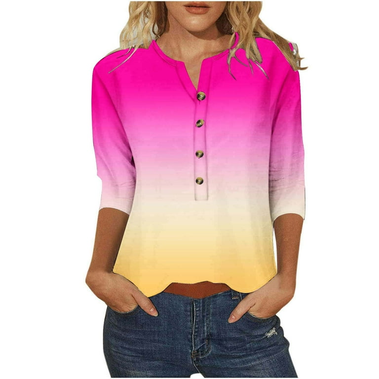 USNSM Ombre T-Shirts for Women Casual 3/4 Sleeve Tie Dye Gradient
