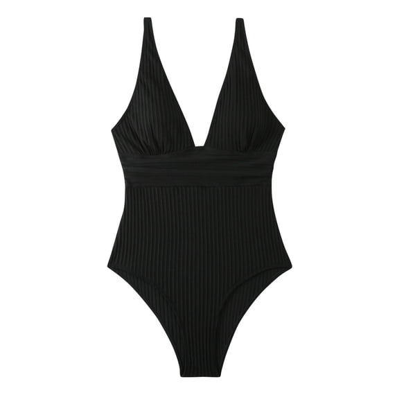 USNSM One Piece Ribbed Ruched Ajustable Strap Bathing Suit for Women Deep V Neck High Cut Padded Slimming Monokini Swimsuit Black M