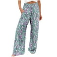 thumbnail image 1 of USNSM Palazzo Pants for Women Dressy Casual Floral Print Beach Wide Leg Pant Elastic Flowy Linen Trousers with Pockets Green XL, 1 of 4