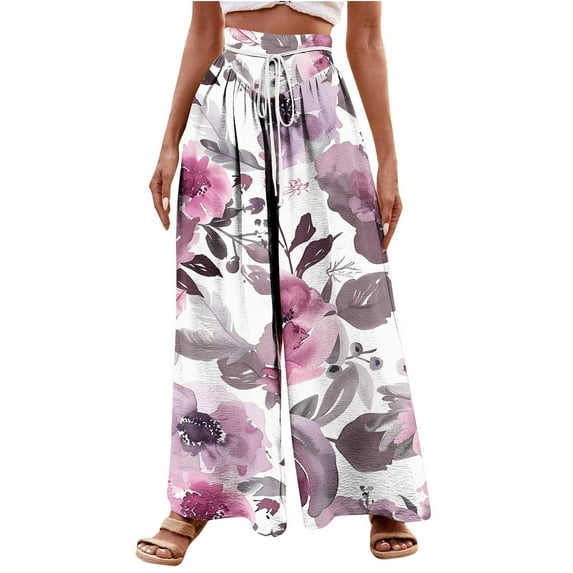 USNSM Palazzo Pants for Women Dressy Casual Floral Print Beach Wide Leg Pants Drawstring Elastic Flowy Linen Trousers Green S