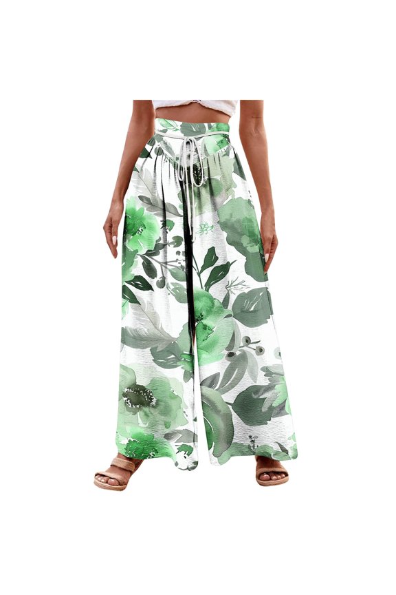 Palazzo Pants for Women Dressy Casual Floral Print Beach Wide Leg Pants Drawstring Elastic Flowy Linen Trousers Yellow L
