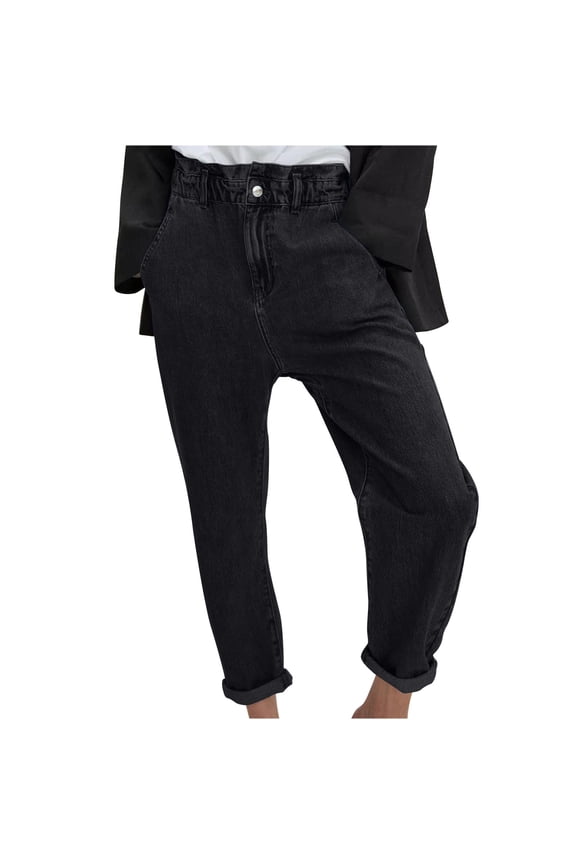 Pants for Women Beach Linen Stretchy High Waisted Straight Trousers Loose Fit Slacks Cuffed Pants with Pockets Black S