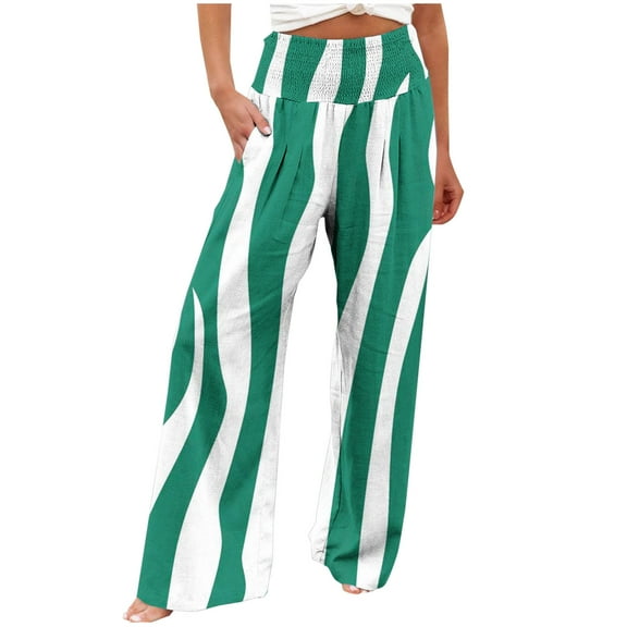 USNSM Pants for Women High Waisted Elastic Vertical Stripes Print Wide Leg Pants Plus Size Comfy Joggers Sweatpants Green XXL
