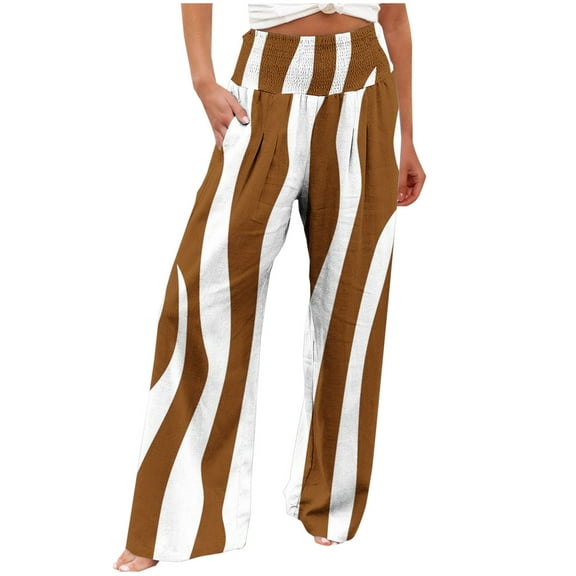 USNSM Pants for Women High Waisted Elastic Vertical Stripes Print Wide Leg Pants Plus Size Comfy Joggers Sweatpants Orange L