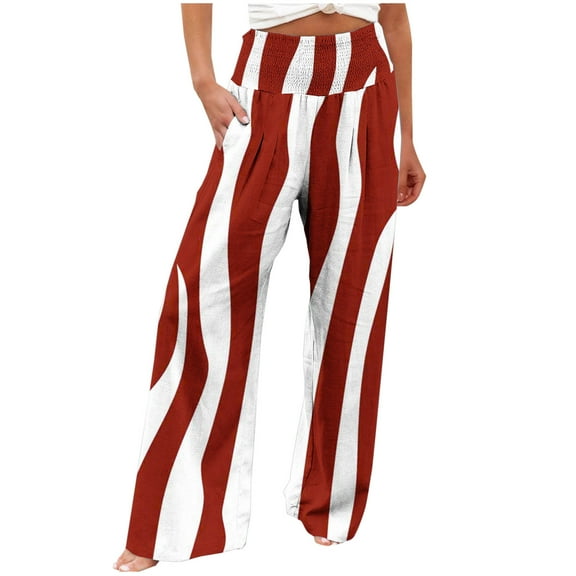 USNSM Pants for Women High Waisted Elastic Vertical Stripes Print Wide Leg Pants Plus Size Comfy Joggers Sweatpants Red S