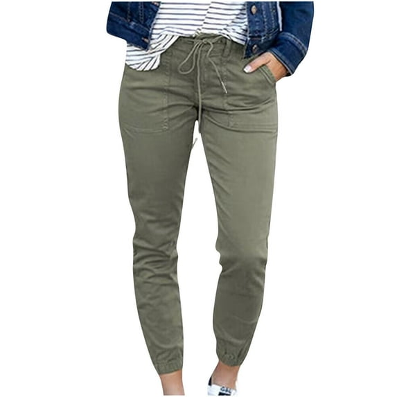 USNSM Plus Size Pants for Women Summer Drawstring Elastic Waist Pants Fashion Slim Solid Color Casual Pants with Pockets Gray XXL