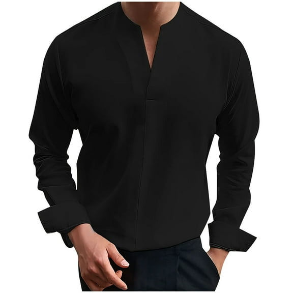USNSM Plus Size Tee Shirts for Men Solid Color Henley V Neck Long Sleeve Blouse Casual Slim Fit Lightweight Athletic Tops Black L