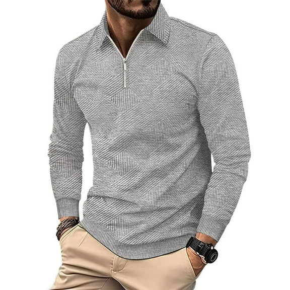 USNSM Plus Size Tops for Men Solid Color Business Quarter Zip Lapel Long Sleeve Blouse Casual Fashion Comfy Workout Tee Shirts Gray M