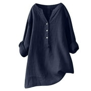 USNSM Plus Size Womens Long T-Shirts Summer Cotton and Linen 3/4 Length Sleeve Button V Neck Henley Shirts Loose Fit Oversized Baggy Leisure Tshirt Tops Navy XL