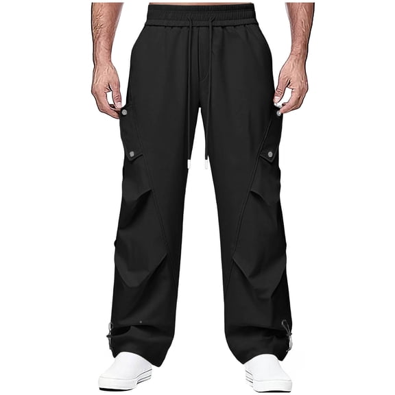 USNSM Pocket Parachute Pants for Men Big and Tall Casual Baggy Cargo Pants Unisex Street Y2K Pants Drawstring Trouser Black XXXXXL