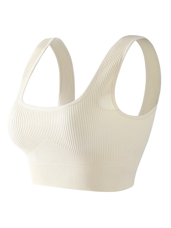 Pullover Ribbed Bra for Women Comfortable Seamless Wireless Underwear Full Coverage Yoga Bra Push Up Padded Bra White L