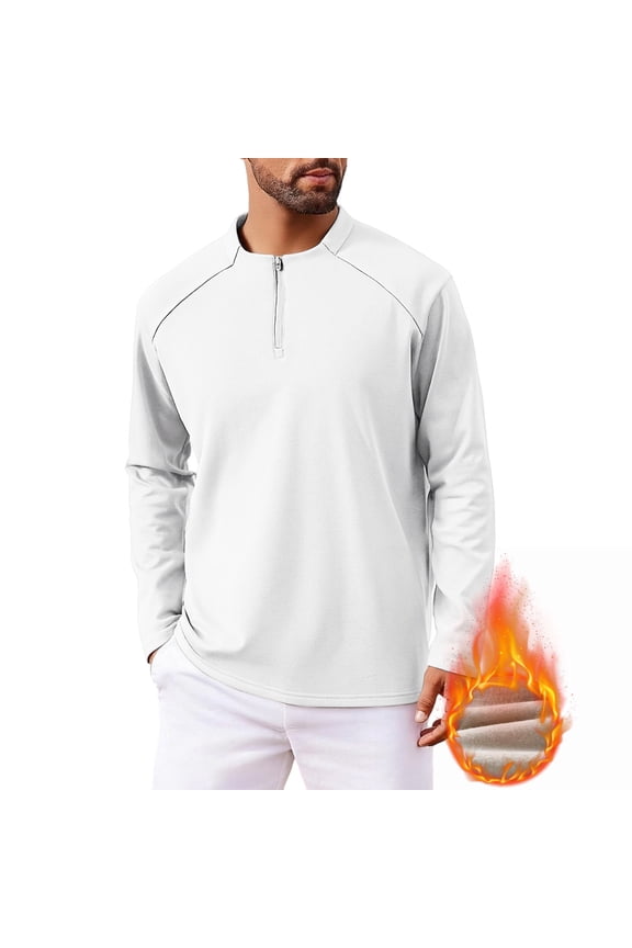 Quarter Zip Pullover Men 1/4 Zip Golf Jacket Fleece Lined Thick Warm Sweatshirt with Zipper Pockets for Fall Winter White XL
