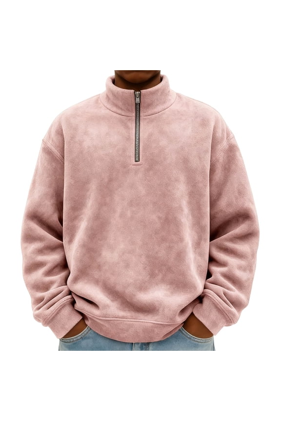 Quarter Zip Pullover Men Mock Neck Sweatshirt Mens Henley Long Sleeve Loose Fit Stand Collar 1/4 Zipper Sweatshirts Pink XL