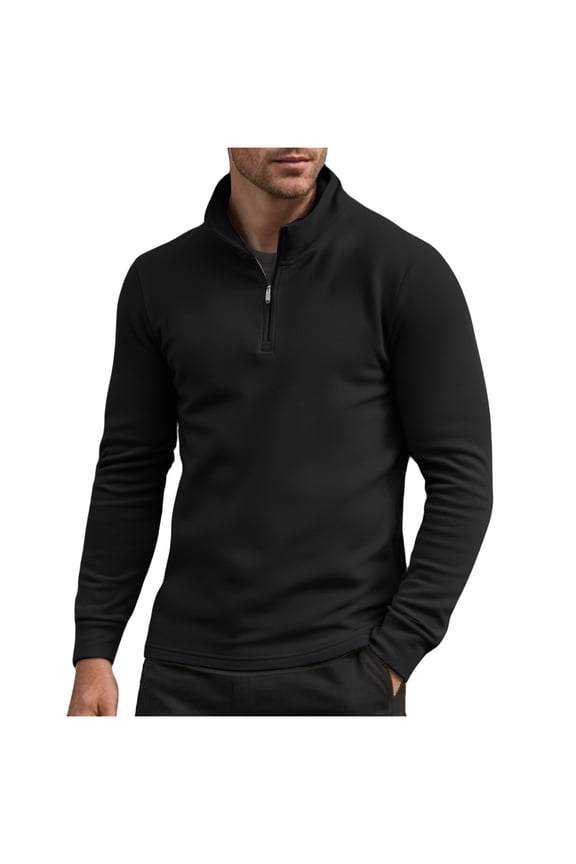 Quarter Zip Pullover Men Solid Color Golf Jacket Fleece Lined Long Sleeved Stand Up Collar Pullover Fall Bottom Sweatshirt Black S