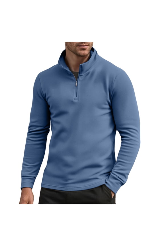 Quarter Zip Pullover Men Solid Color Golf Jacket Fleece Lined Long Sleeved Stand Up Collar Pullover Fall Bottom Sweatshirt Blue M